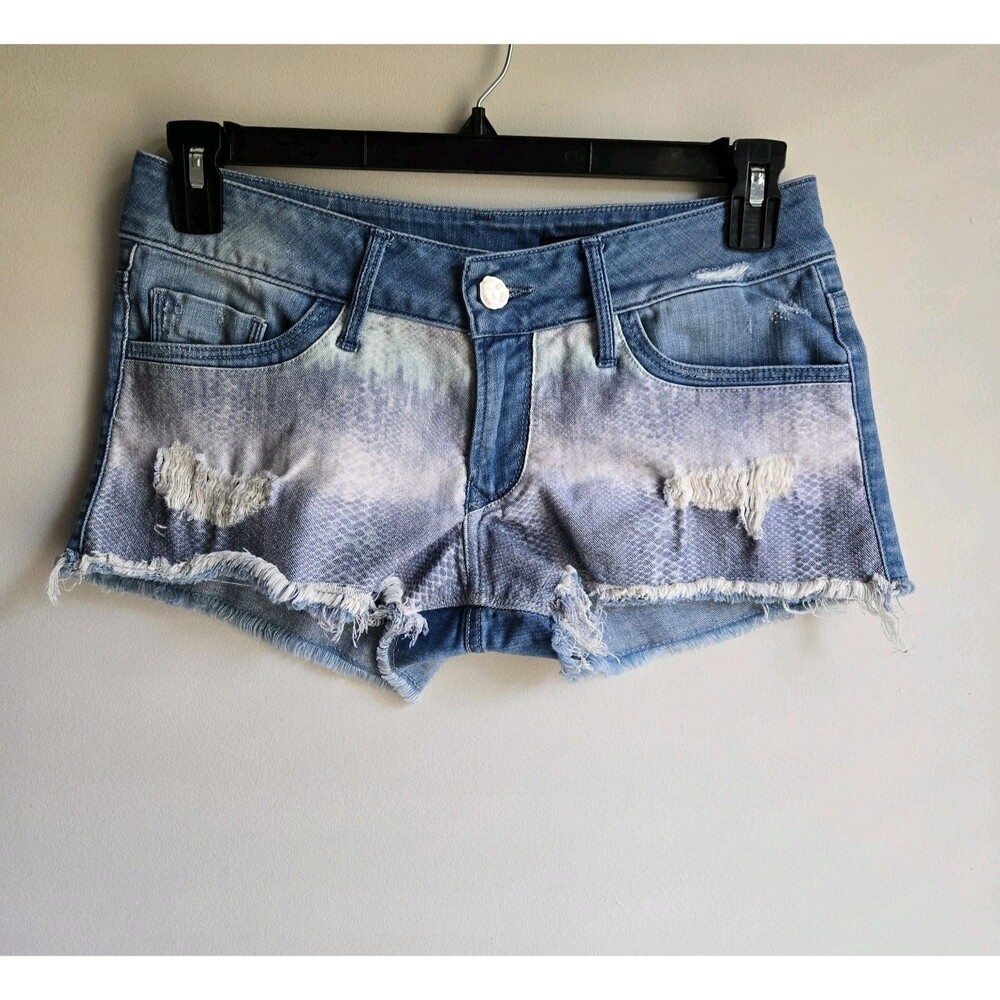 Black Orchid Size 27 Denim Shorts Distressed Raw Hem Print Medium Wash Low Rise
